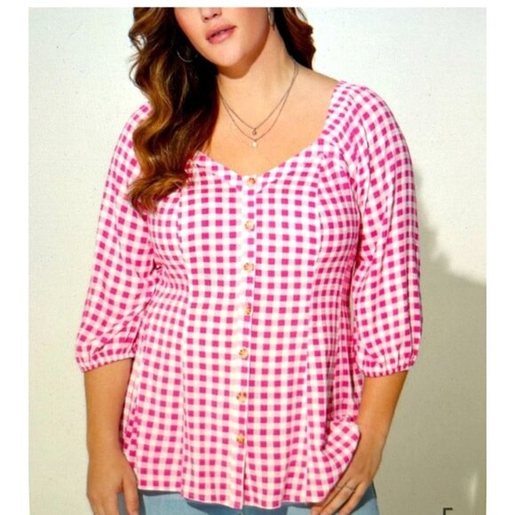torrid Tops - New Torrid Fit & Flare Button Up 3/4 Sleeve Pink Gingham Top Size 2X